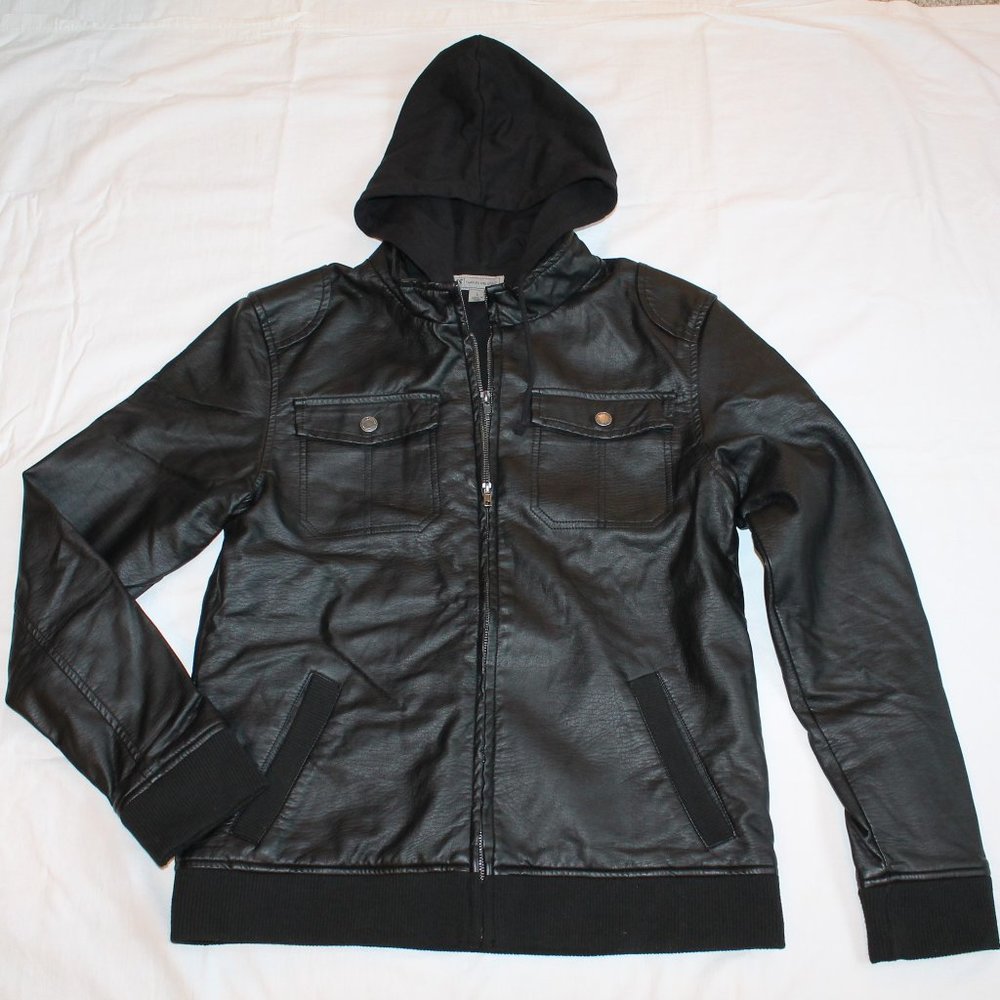 Charles and a Half black faux leather moto jacket coat Mens L large